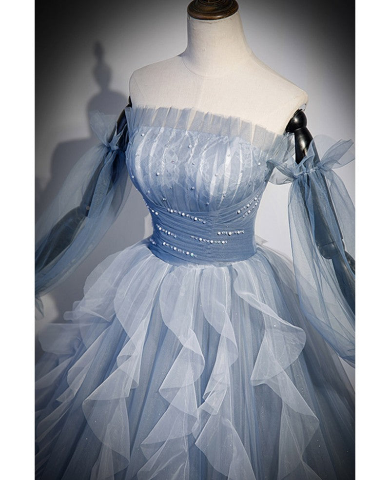 Dolce ed elegante abito da ballo a maniche lunghe con spalle scoperte, paillettes blu cielo, stile principessa/a trapezio, senza spalline, schiena scoperta, spalline e lunghezza al suolo.